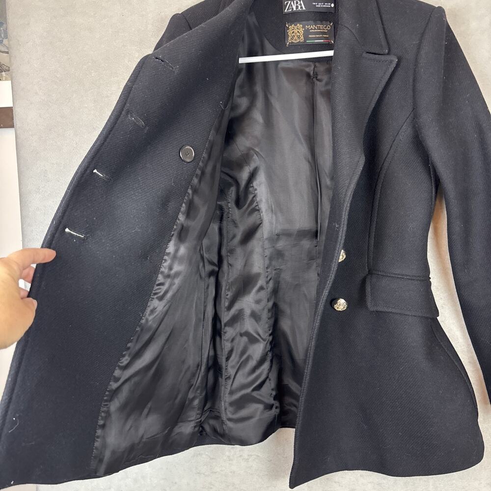 Zara Manteco Pea Coat Women’s Small Wool Military Black Double Breasted Pockets - Picture 5 of 7